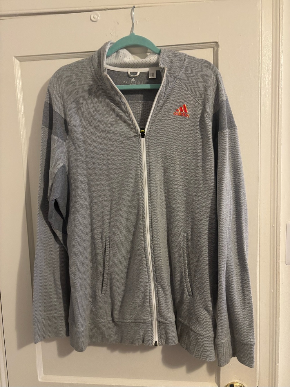adidas Men’s Light Gray Full-Zip Sweater Jacket with Orange Logo